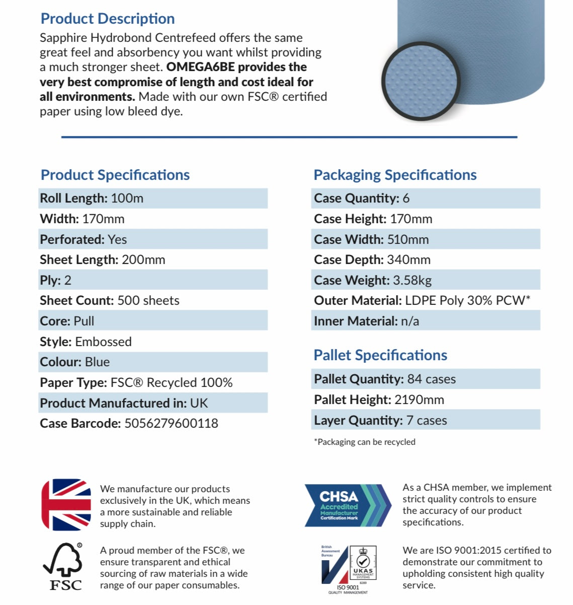 Centrefeed Roll | Emb-2ply|6| 100m x 170mm | 100% Recycled (Pallet Deal 84x6 packs)